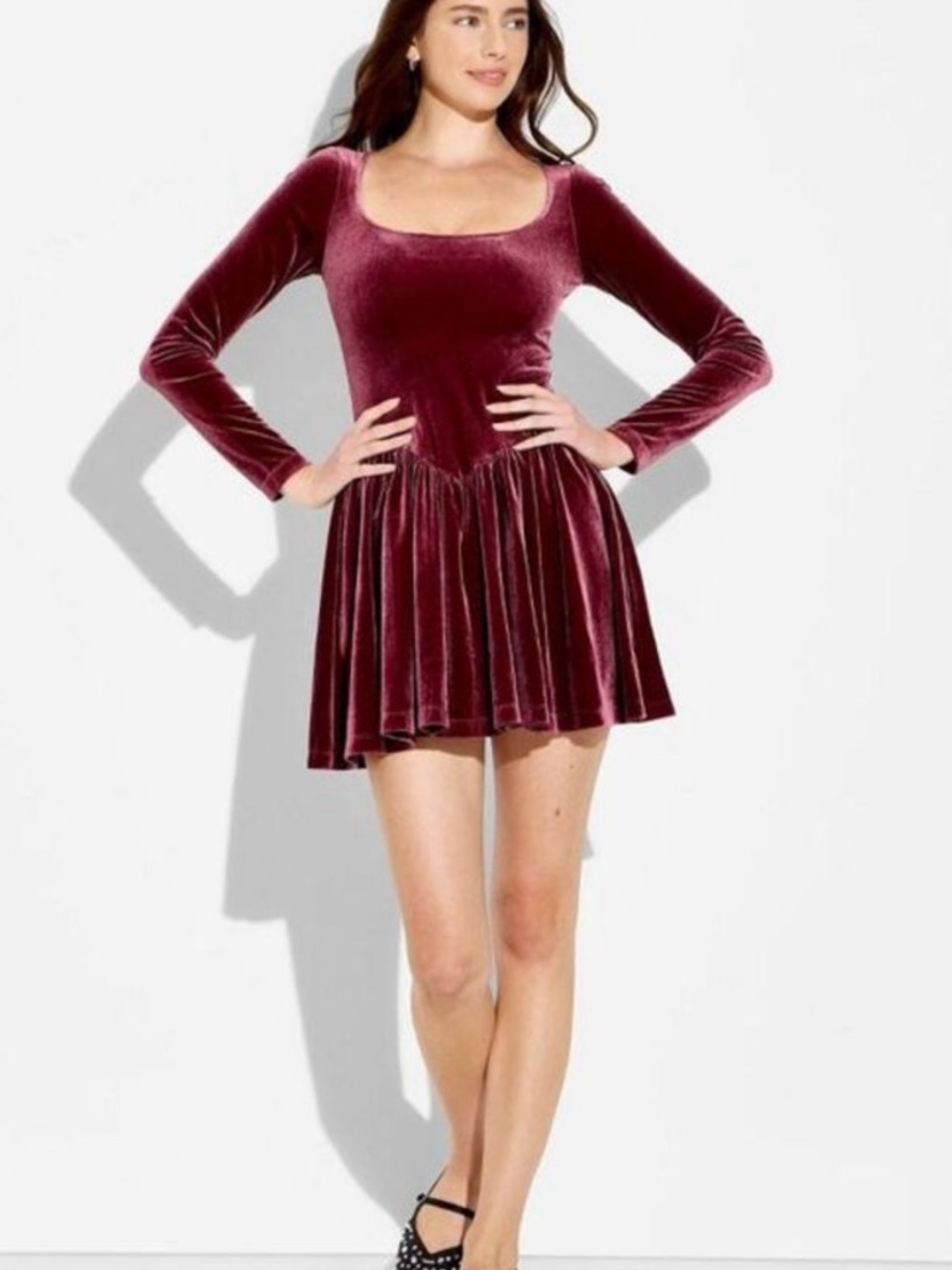 NWT Velvet Long-Sleeve Dress - Burgundy